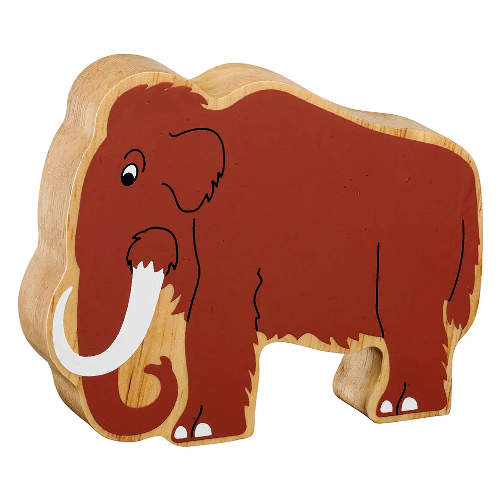 Lanka Kade wooden toy mammoth, featuring a reddish-brown painted body with natural light wood edges, black line details, and white tusks on a plain white background.
