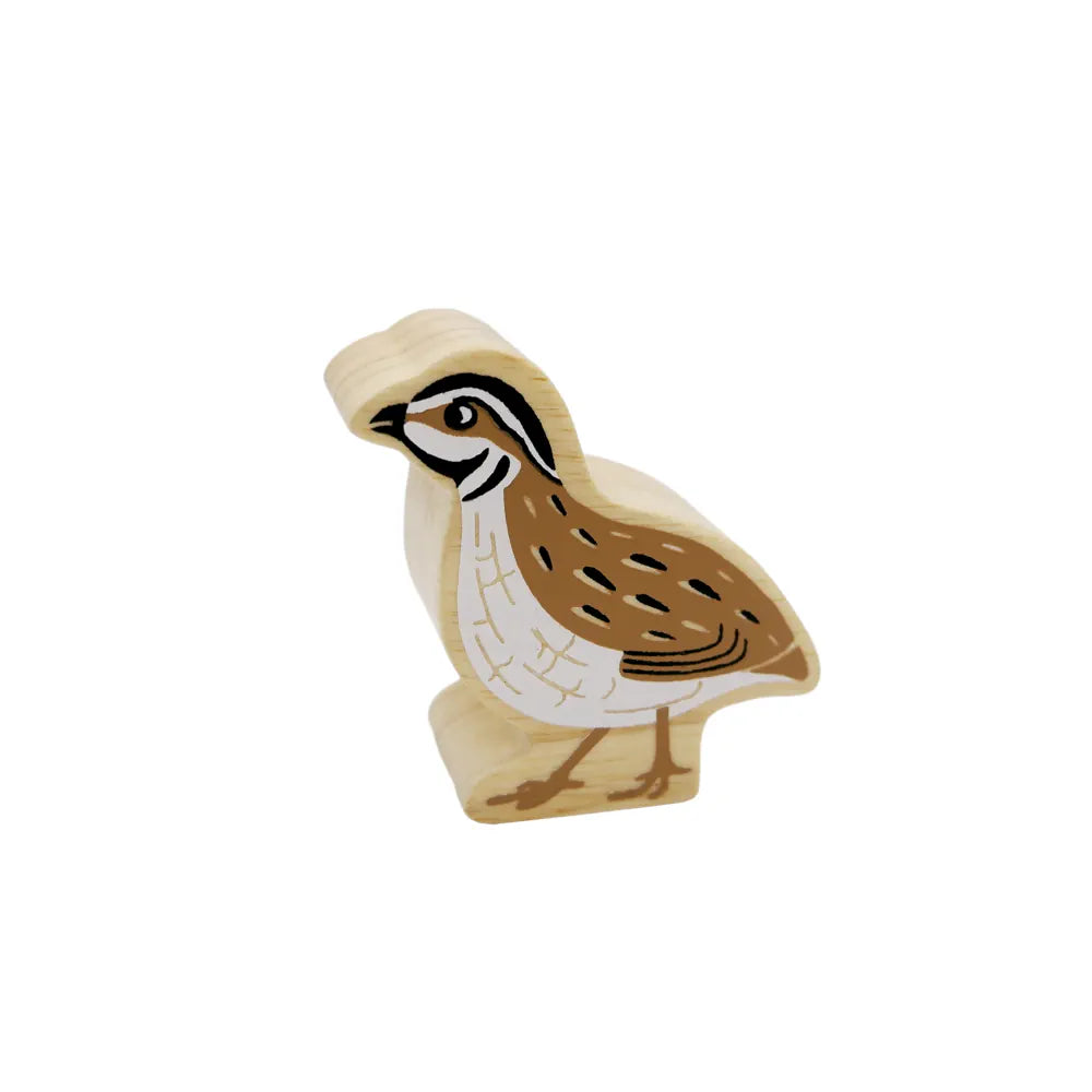 Lanka Kade wooden brown quail bird figure on a plain white background.