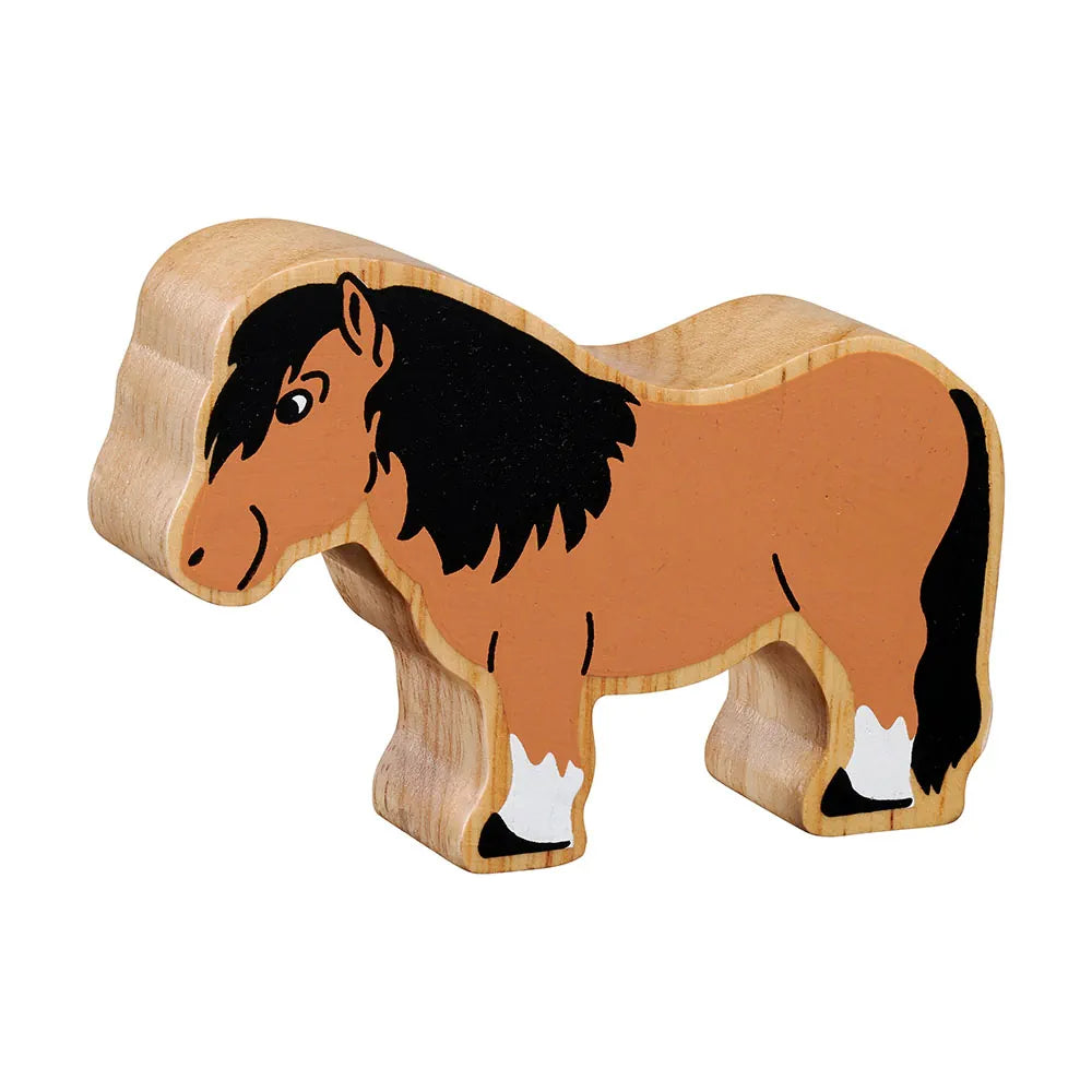 Lanka Kade wooden Shetland pony toy with brown body, black mane, and white feet on a white background