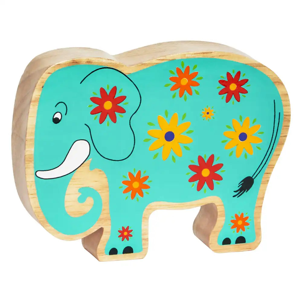 Lanka Kade Colourful wooden green elephant toy with floral patterns on a white background