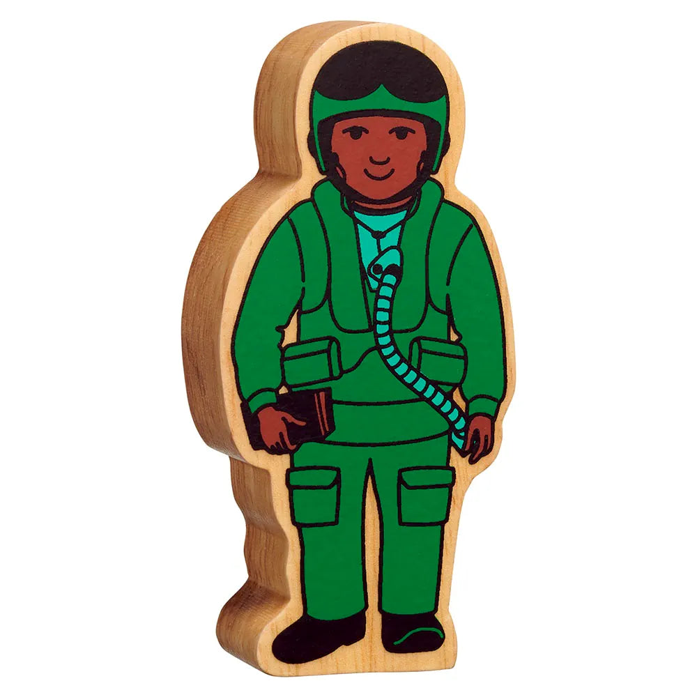 Lanka Kade wooden toy air force figurine with a green flight suit, standing on a plain white background.