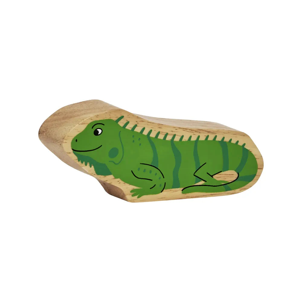 Lanka Kade wooden green iguana design on a natural wood base, isolated on a white background.