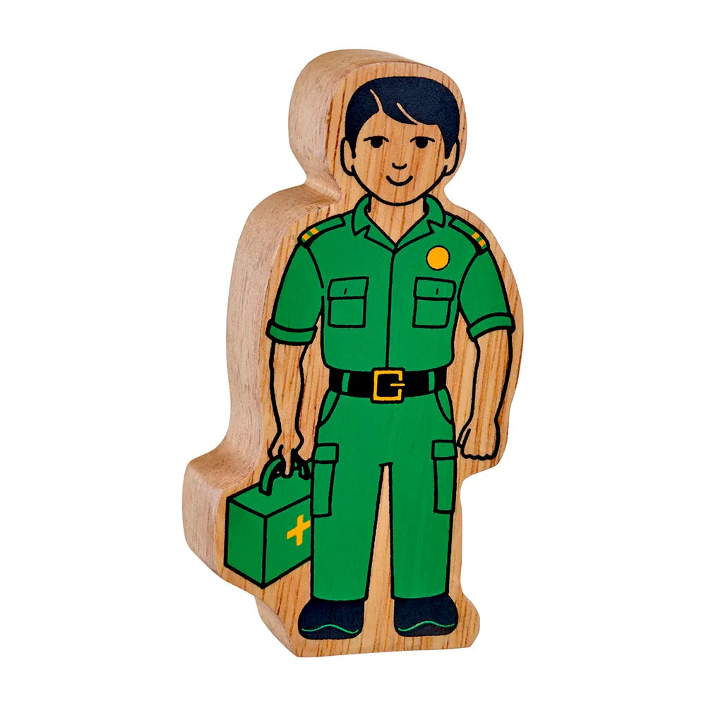 Lanka Kade wooden toy figurine of a paramedic in a green uniform holding a green medical kit, shown on a plain white background.
