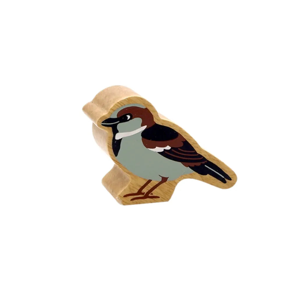 Lanka Kade wooden grey house sparrow bird figure, set against a plain white background.