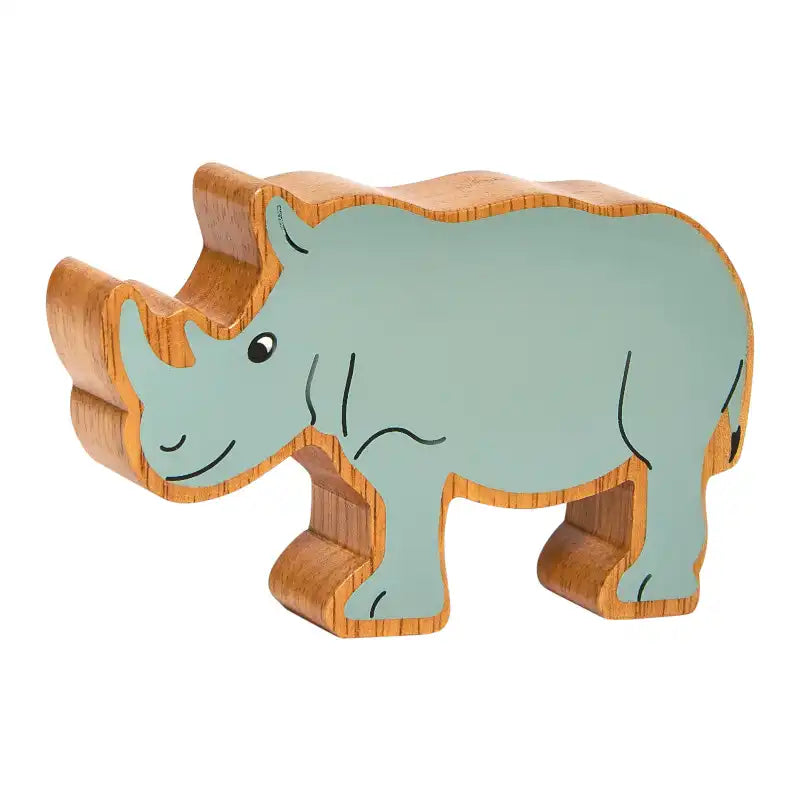 A Lanka Kade wooden toy rhinoceros with a light grey painted body and natural wood-grain sides, shown on a plain white background.