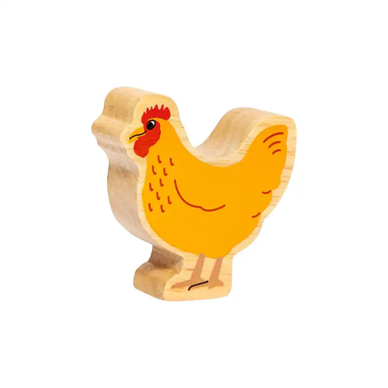 Lanka Kade wooden toy hen figure with a natural light wood body, painted yellow-orange body, and red comb, shown on a plain white background.