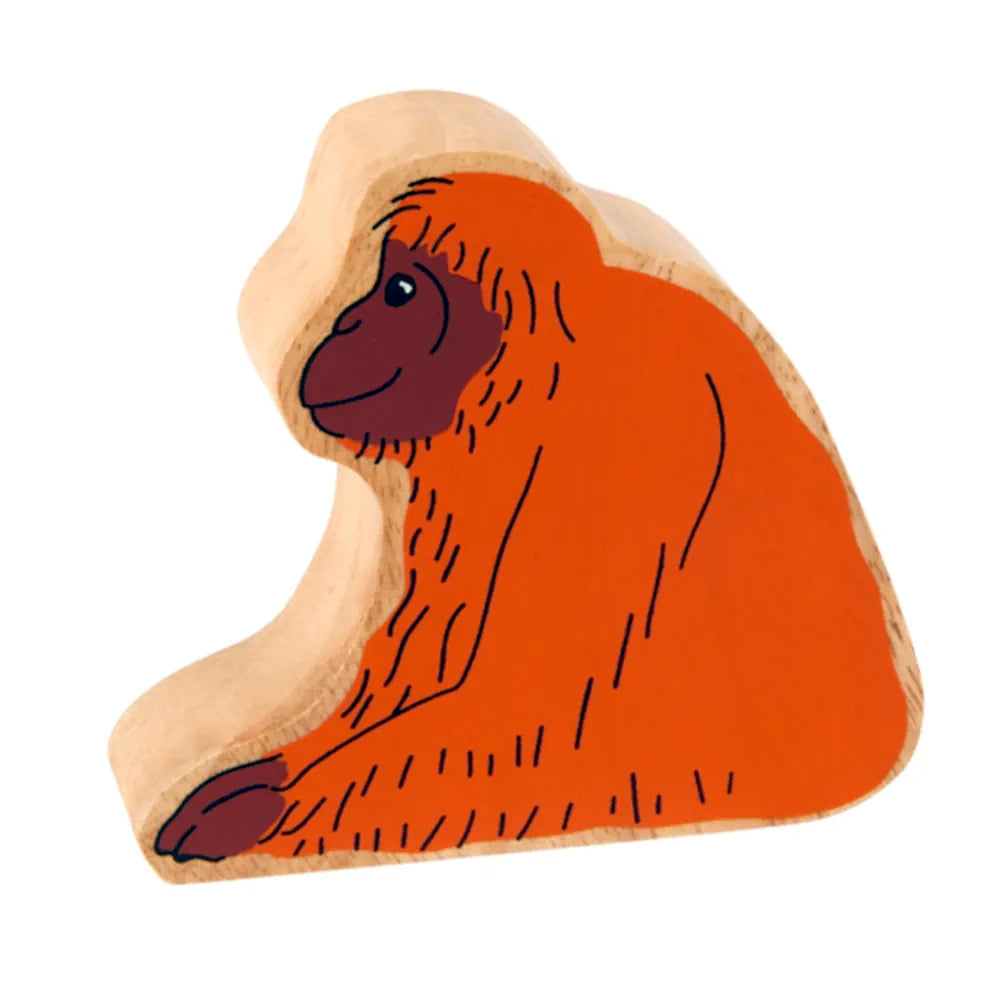 Lanka Kade handcrafted wooden orangutan figure featuring a bright orange painted body, dark brown face and paw, and natural light wood edges, shown on a plain white background.