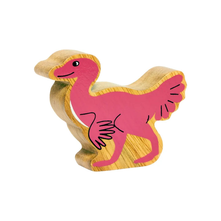 Lanka Kade wooden caudipteryx featuring a bright pink painted body with a natural wood-grain textured edge, set against a plain white background.