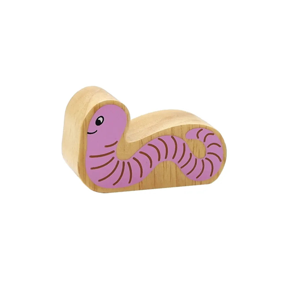 Lanka Kade wooden pink worm with a light natural wood body, dark brown segmented stripes, shown on a plain white background.