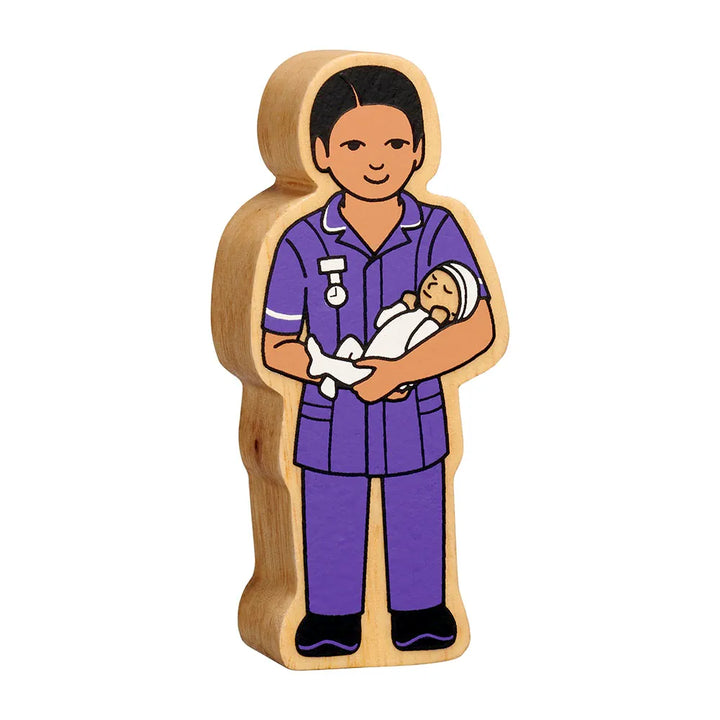 Lanka Kade wooden purple midwife figure holding a baby, shown on a plain white background.