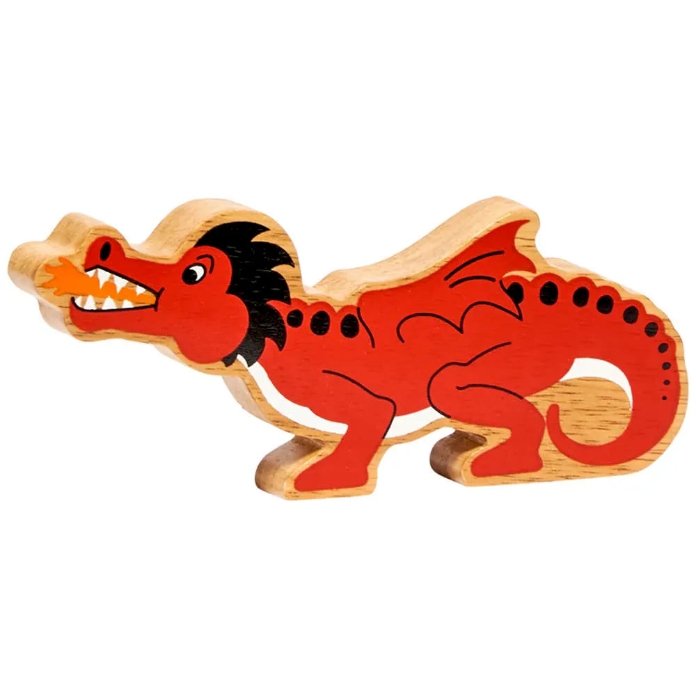 Lanka Kade wooden toy dragon figurine painted red with black details, a light natural wood border, and an open mouth showing small white teeth, isolated on a white background.