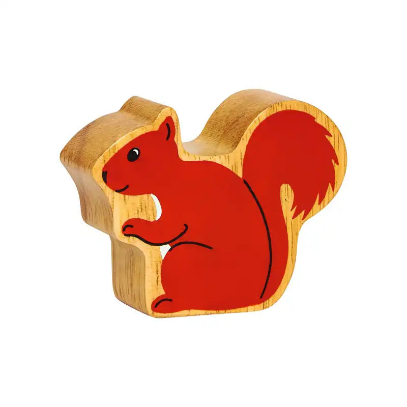 A wooden Lanka Kade toy wooden squirrel, featuring a red painted body and tail with a natural light wood grain border, shown on a plain white background.