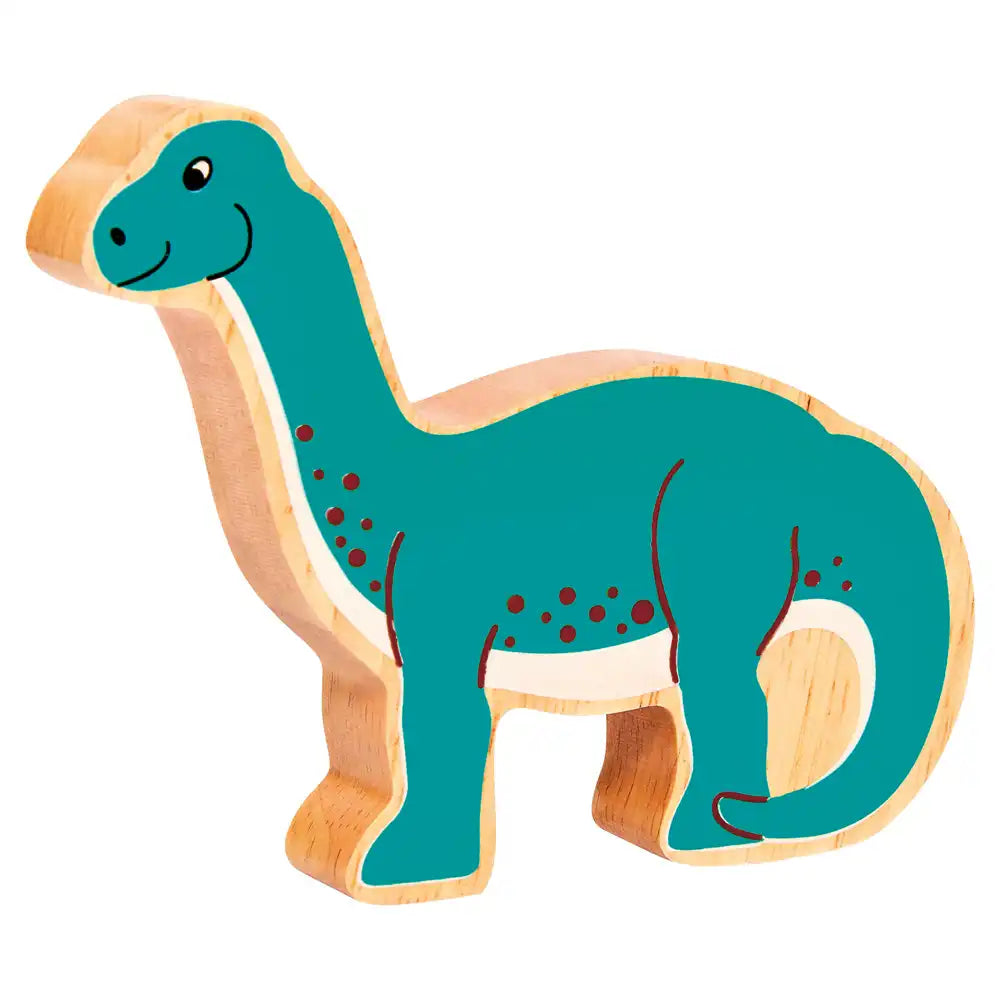 Lanka Kade wooden diplodocus dinosaur toy with blue body and brown legs on a white background