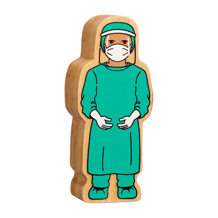 Lanka Kade wooden toy figure of a surgeon in a turquoise scrub suit with a white face mask and visor, standing on a plain white background.