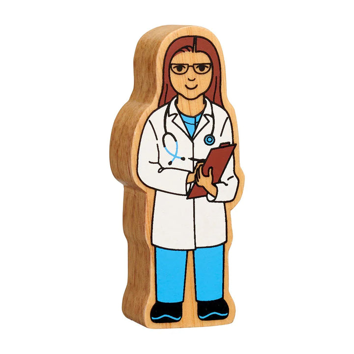 Lanka Kade wooden doctor toy figure with a light brown wood grain base, featuring a painted female doctor character in a white lab coat, blue scrubs, and holding a red clipboard.