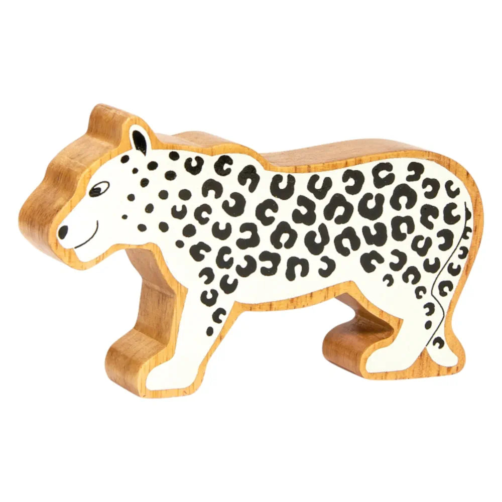 Lanka Kade wooden snow leopard, featuring a natural light wood frame, a white body, and black leopard spots, shown on a plain white background.