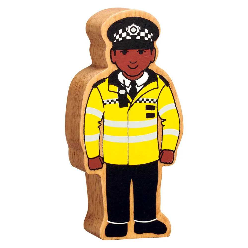 Lanka Kade wooden toy figure of a police officer with a bright yellow reflective jacket, black pants, and a black-and-white chequered hat, shown on a plain white background.