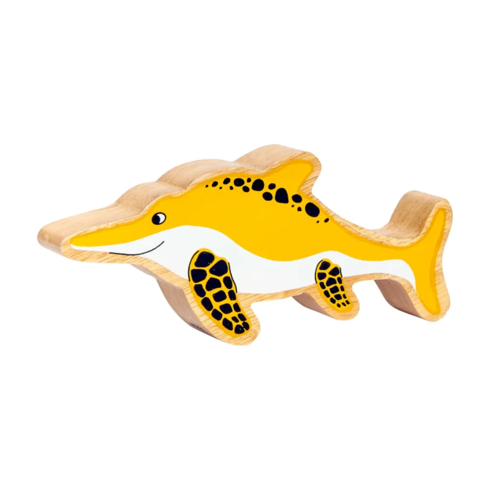 Lanka Kade wooden ichthyosaur dinosaur with a natural wood body, painted yellow, white, and black details, shown on a plain white background.