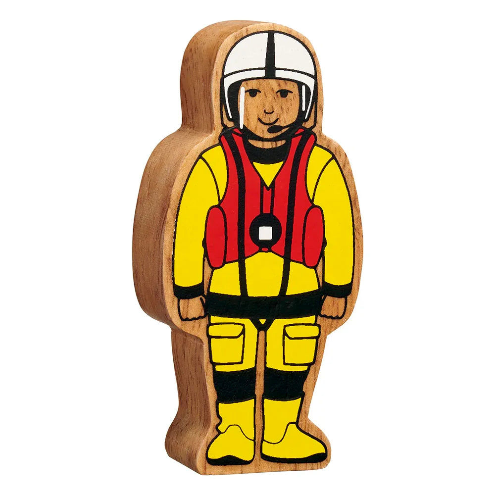 Lanka Kade wooden sea rescue toy figure with a painted yellow uniform, red protective vest, white helmet, and brown natural wood body, isolated on a white background.