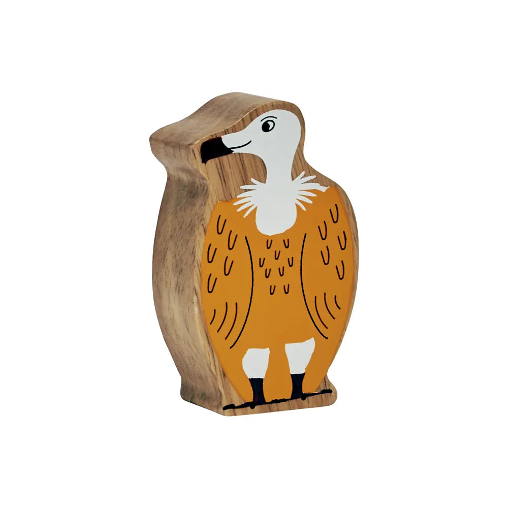 Lanka Kade handcrafted vulture toy bird figurine with a natural wood grain body, painted in warm orange, with a white head, black beak and details, and small white feet, shown on a plain white background.