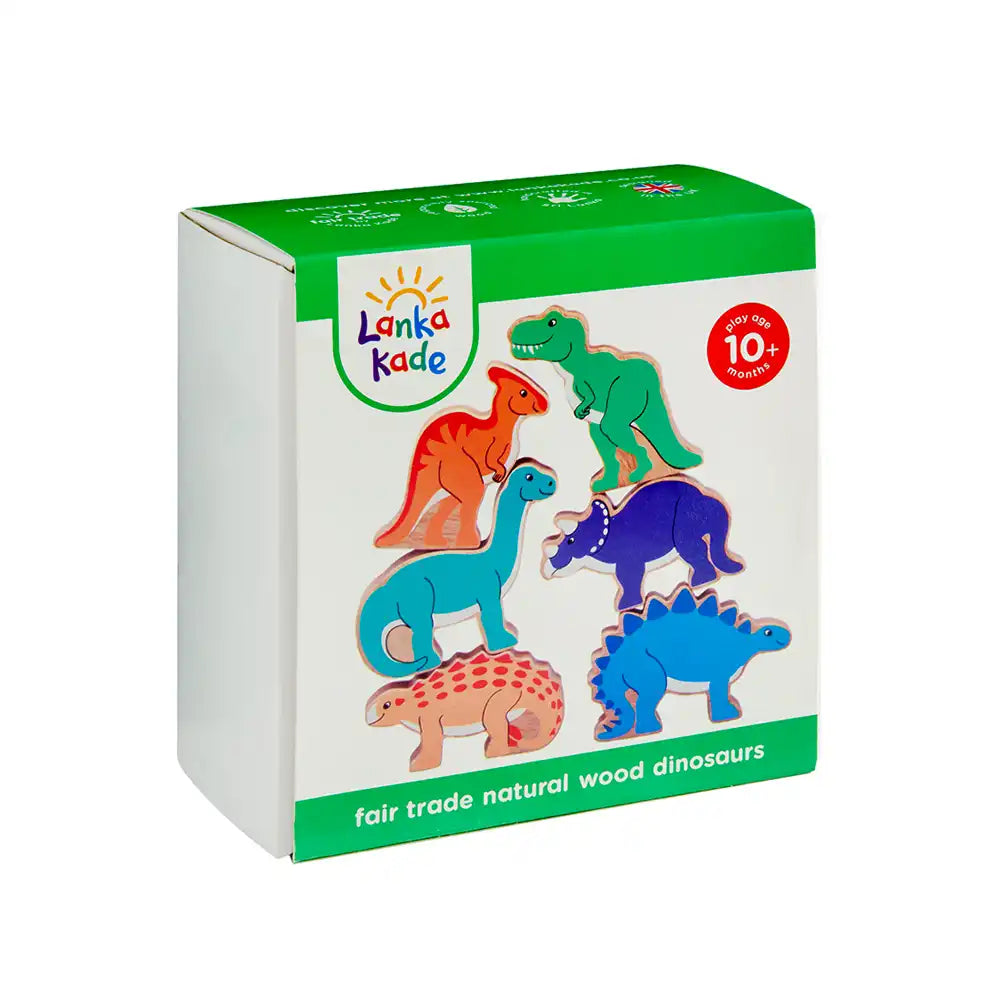 Lanka Kade wooden dinosaur puzzle toy set in its original white and green retail box, featuring colourful natural wood dinosaur pieces.