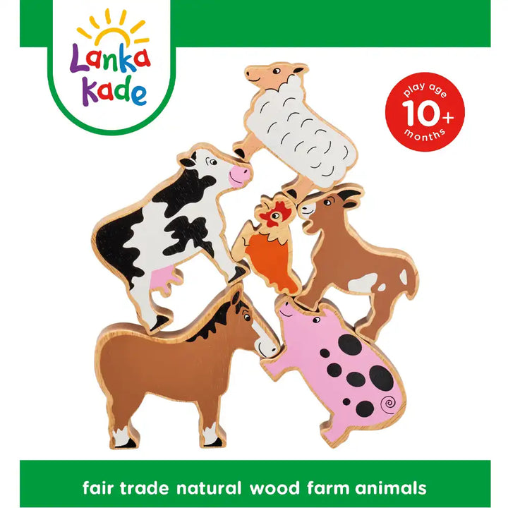 Lanka Kade wooden farm animal toy set featuring a cow, sheep, chicken, goat, horse, and pig made from natural wood with painted details, shown on a white background with brand logo and age information.