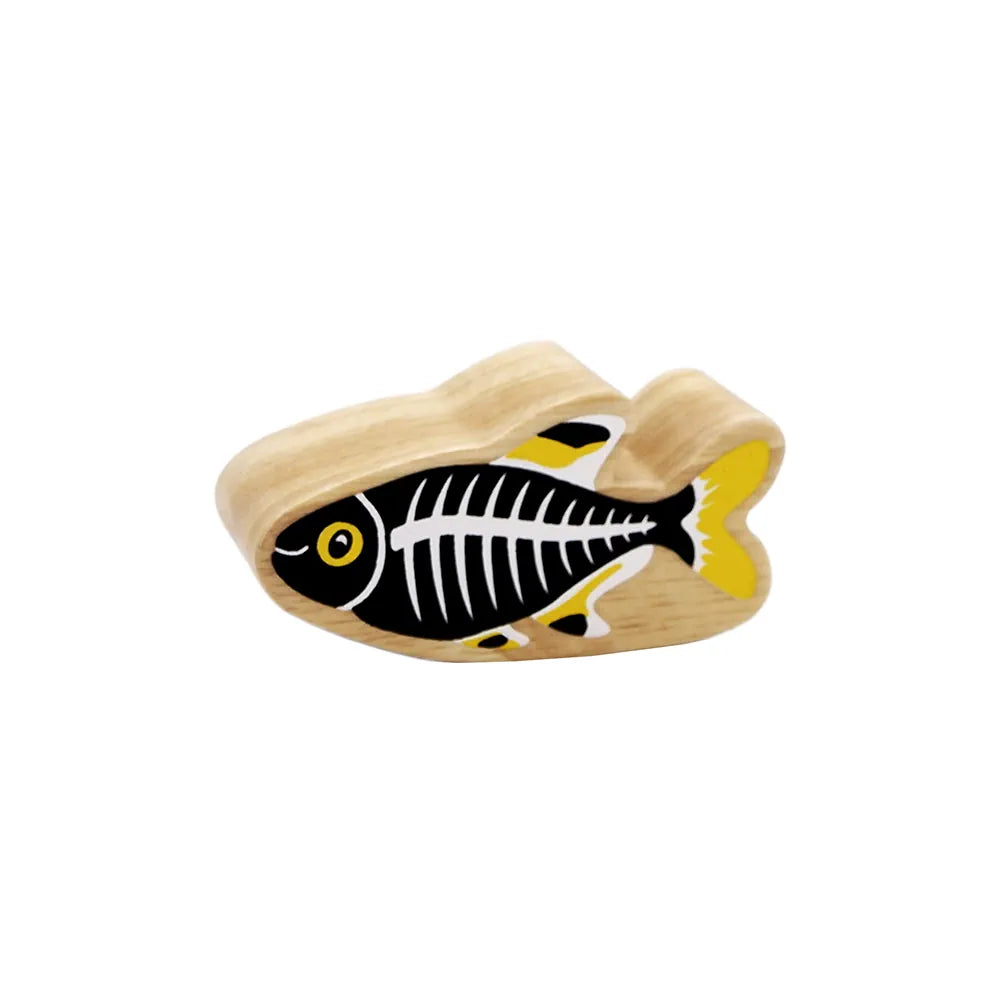 Lanka Kade wooden black and white x-ray fish skeleton design and yellow accents, shown on a plain white background.