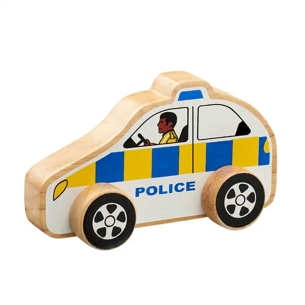 A Lanka Kade wooden toy car shaped like a police car, featuring a natural wood body, blue and yellow chequered side stripes, a blue roof light, and the word 'POLICE' printed on the side.