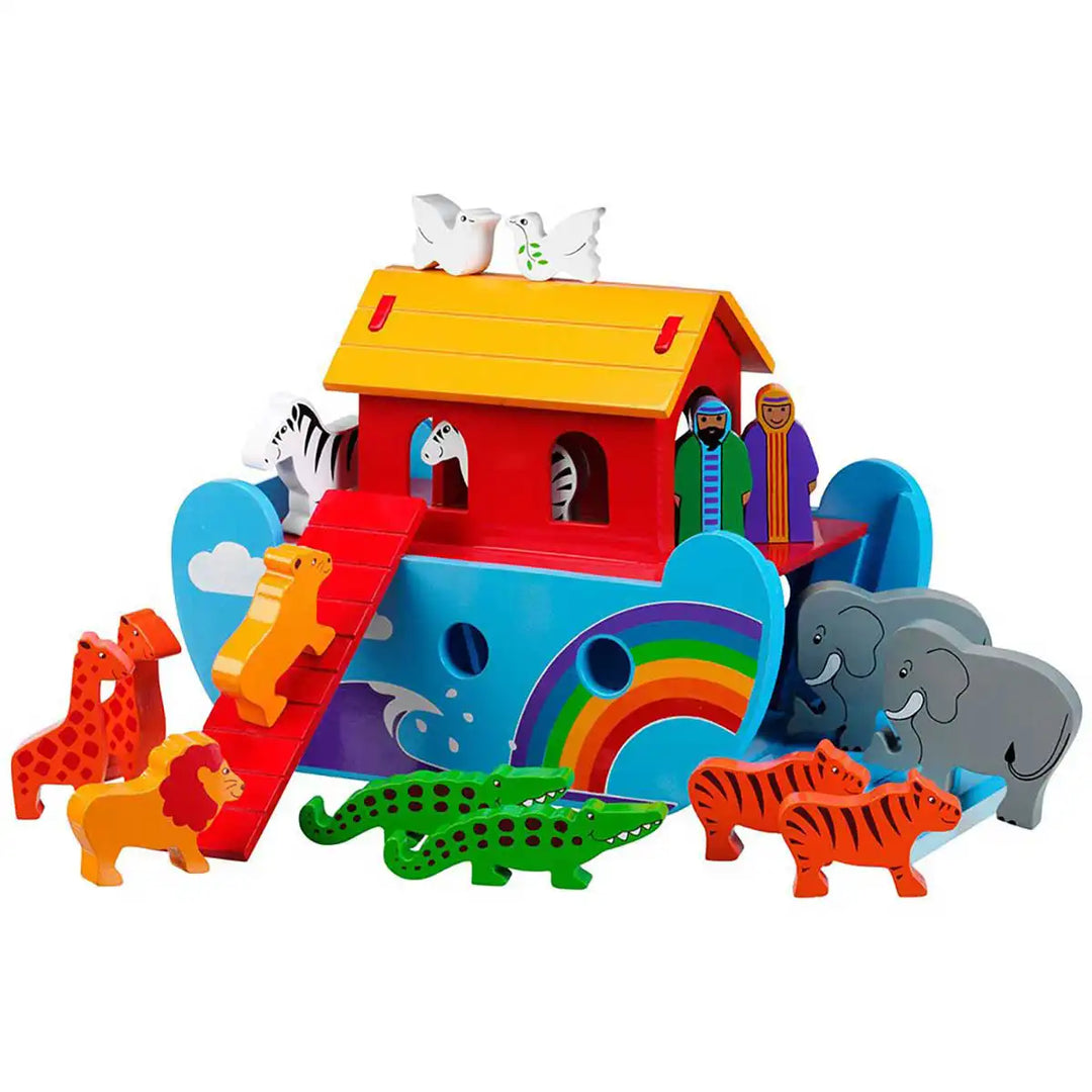 A colourful wooden Lanka Kade Noah's Ark toy set on a plain white background, featuring a red and blue ark with a yellow roof, rainbow, clouds, zebra print, and small wooden animal figures including lions, giraffes, elephants, tigers, a crocodile, birds, and people.