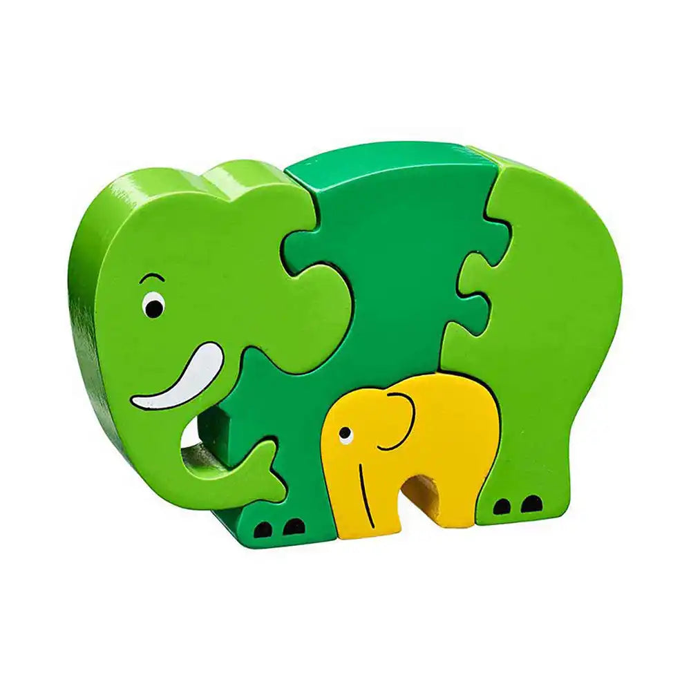 A Lanka Kade wooden elephant simple puzzle toy with a large green adult elephant and a smaller yellow baby elephant, shown on a plain white background.