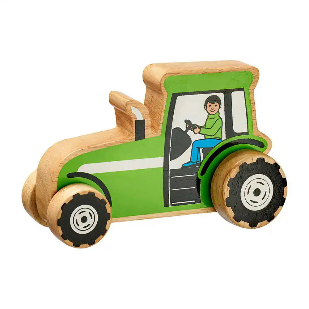 A Lanka Kade wooden toy tractor with a green body, natural wood frame, black wheels, and an illustration of a driver in the window, shown on a plain white background.