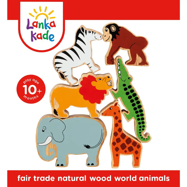 Lanka Kade wooden animal toy set featuring five colorful natural wood animal cutouts: a zebra, monkey, lion, crocodile, and giraffe, shown on a white background with the Lanka Kade logo and a red 'play age 10+' badge.