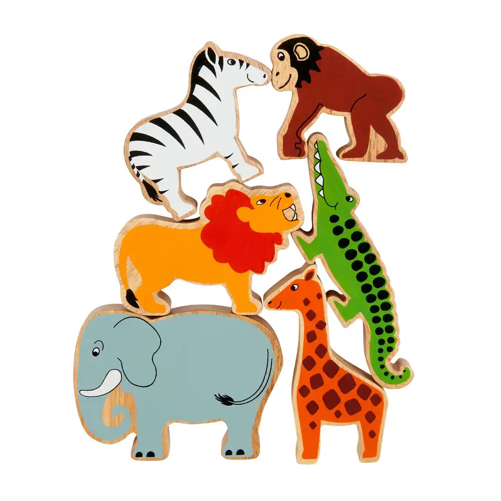 A set of colourful Lanka Kade wooden animal puzzle pieces featuring a zebra, gorilla, lion, crocodile, elephant, and giraffe on a plain white background.