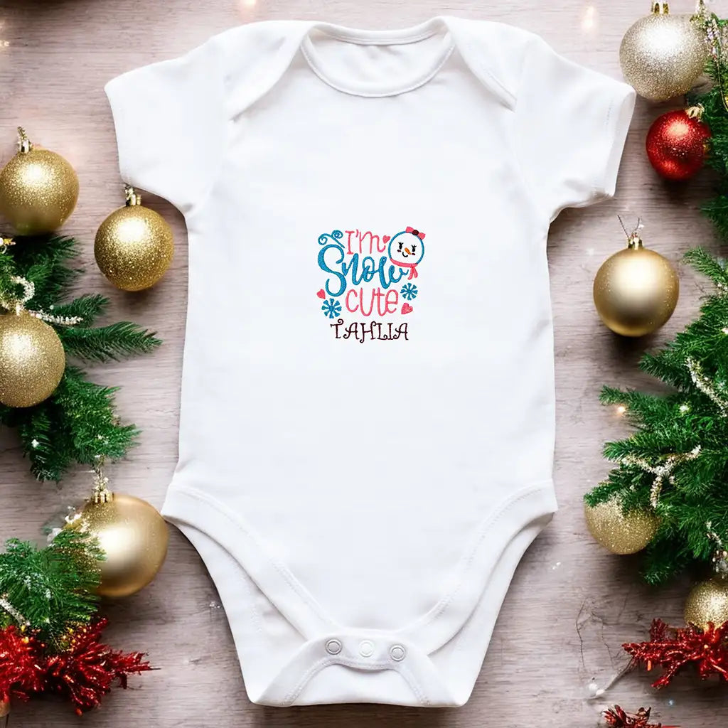 Little Tots Toys Embroidered Personalised I'm Snow Cute Organic Baby Grow Christmas Background Picture