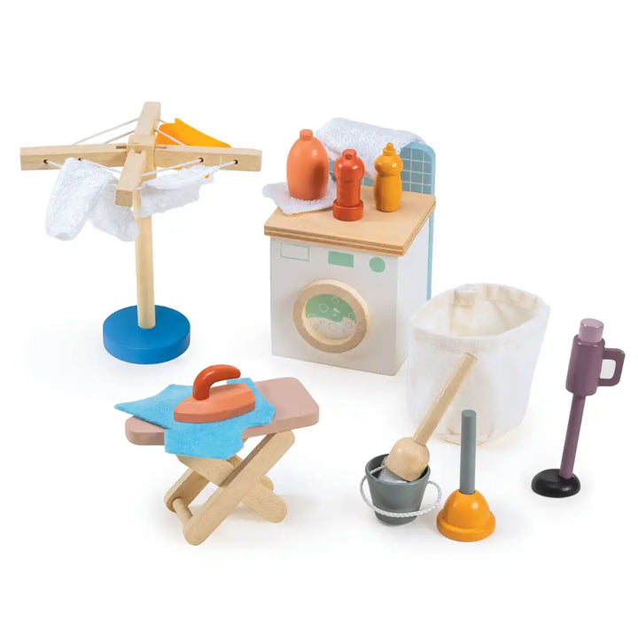 Mentari wooden dolls house laundry room furniture set with washing machine and accessories