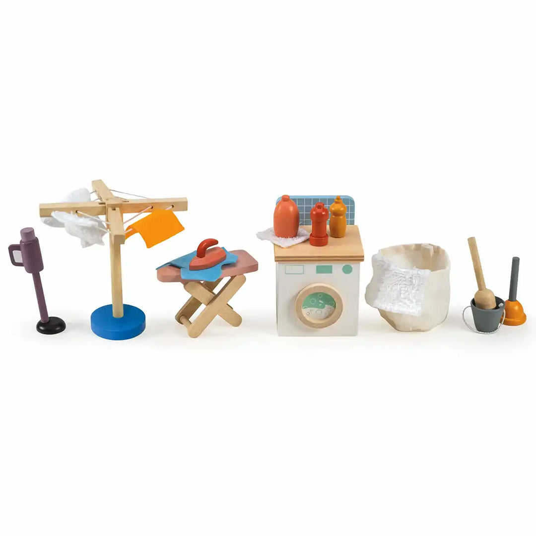 Mentari dolls house wooden laundry set with pastel furniture pieces