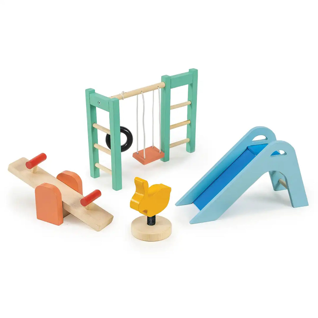Mentari wooden dolls house playground set with slide, swing and pastel play equipment