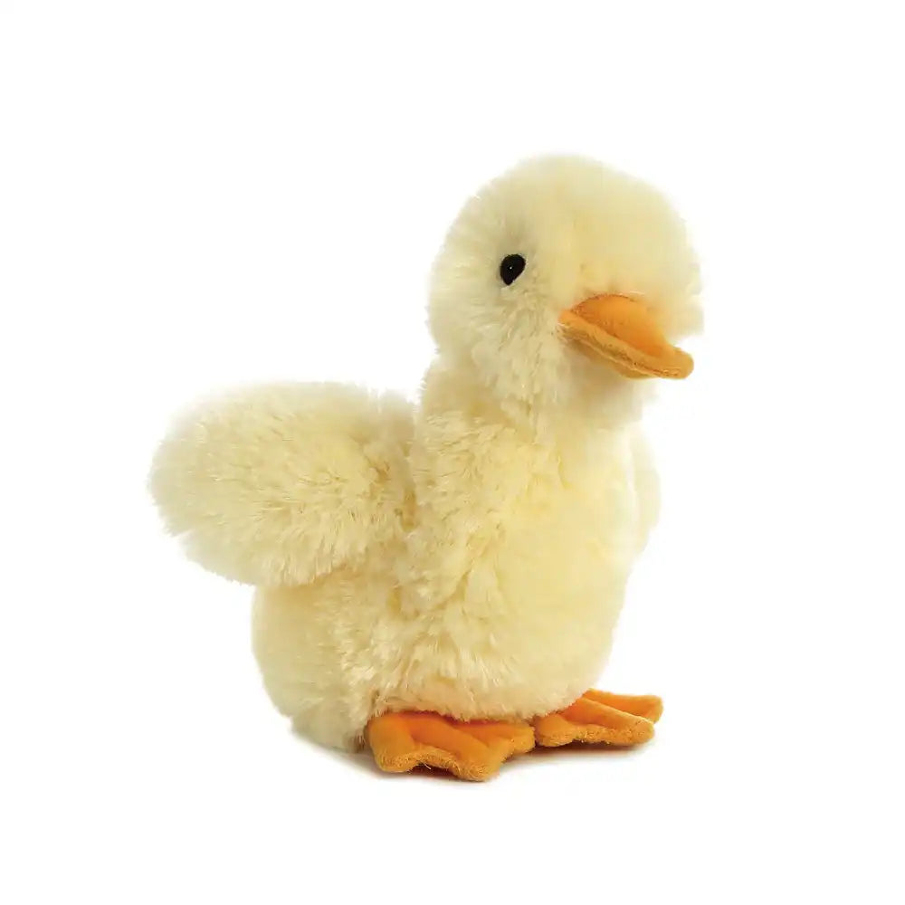 Mini Flopsies duckling duck plush toy close-up front view, soft stuffed yellow duck with detailed beak and eyes