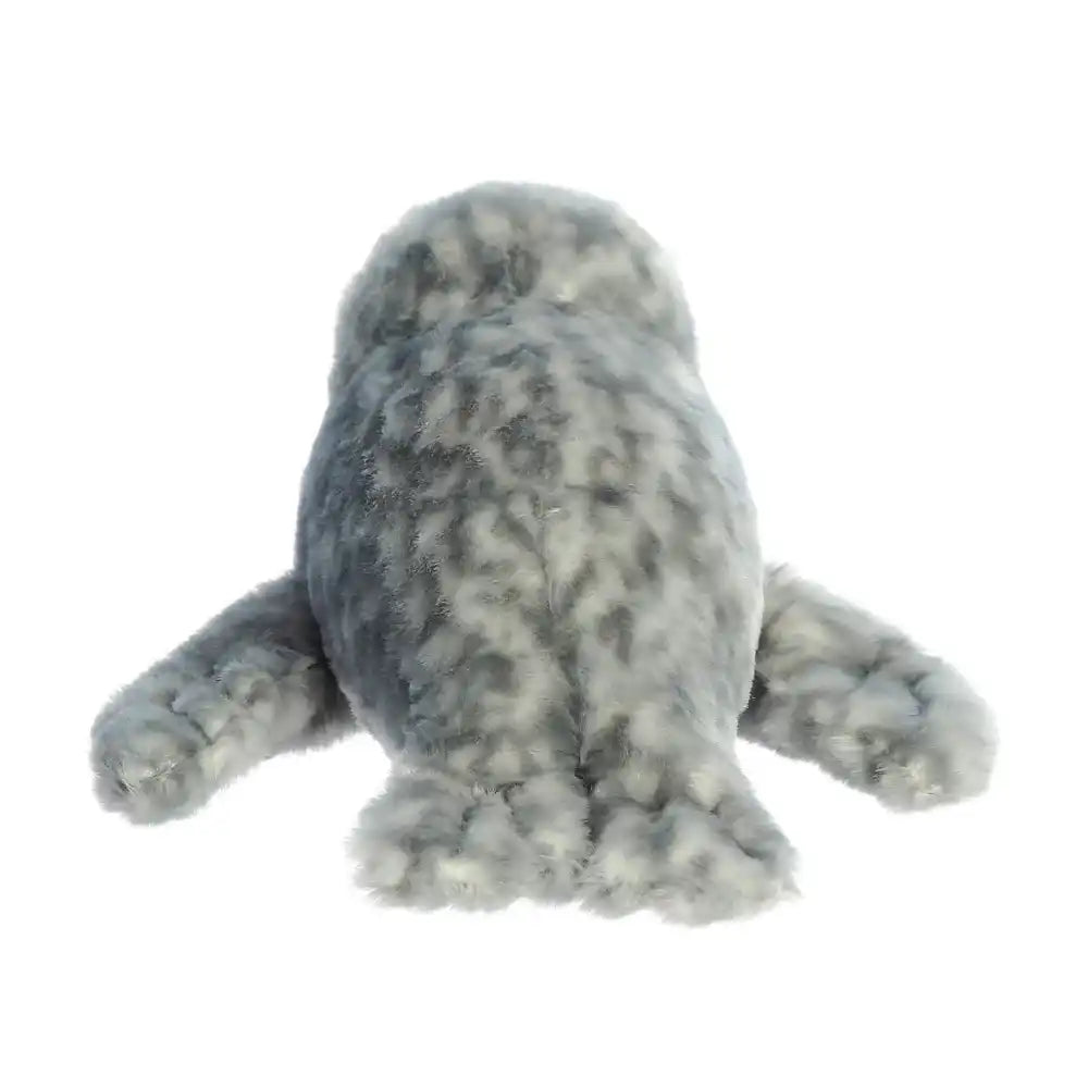 Mini Flopsies harbour seal plush toy back view, soft stuffed animal showing smooth grey fur and tail