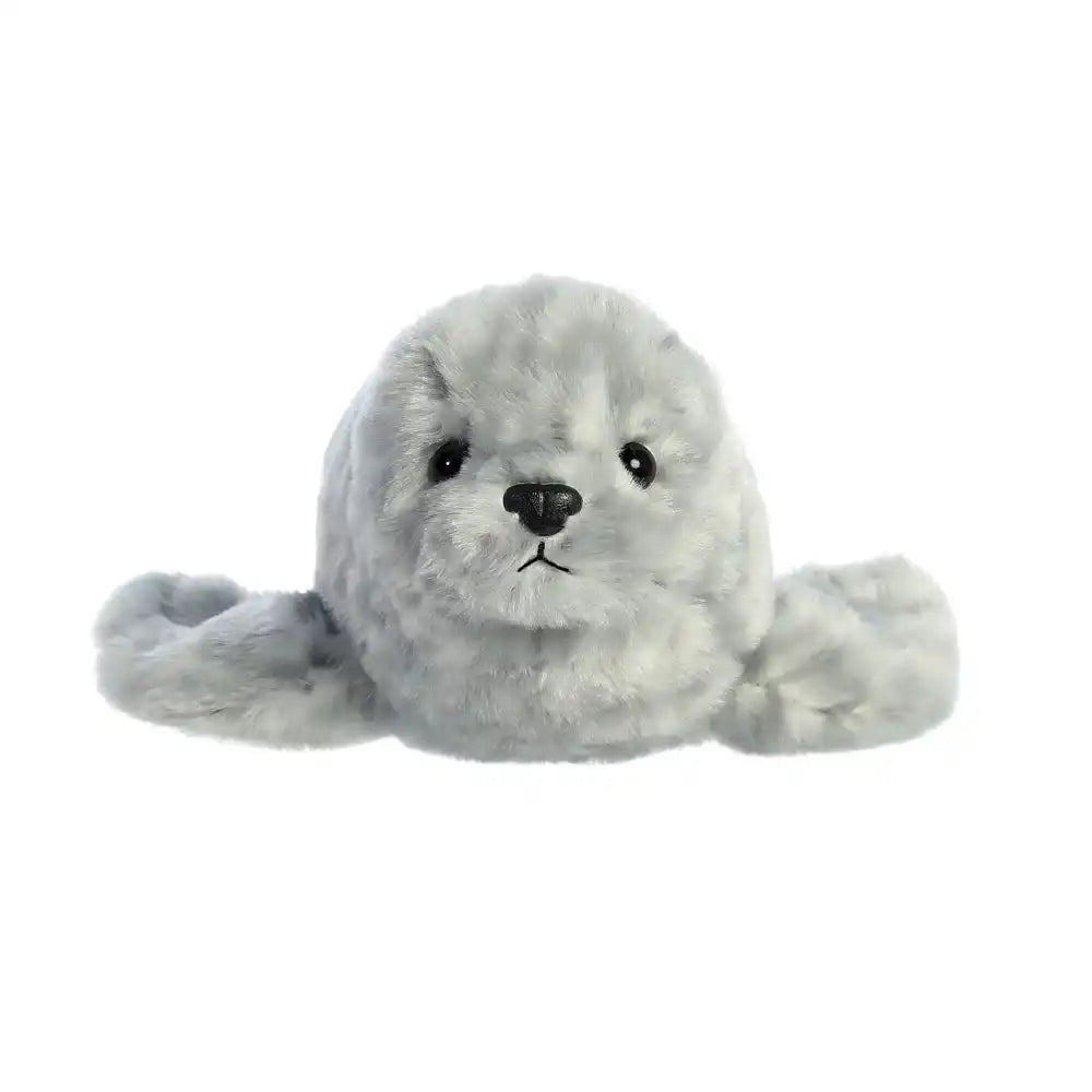 Mini Flopsies harbour seal plush toy close-up front view, soft stuffed animal with detailed grey fur and cute face
