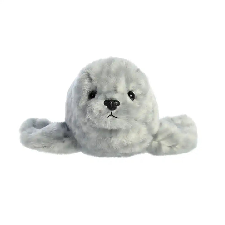 Mini Flopsies harbour seal plush toy close-up front view, soft stuffed animal with detailed grey fur and cute face
