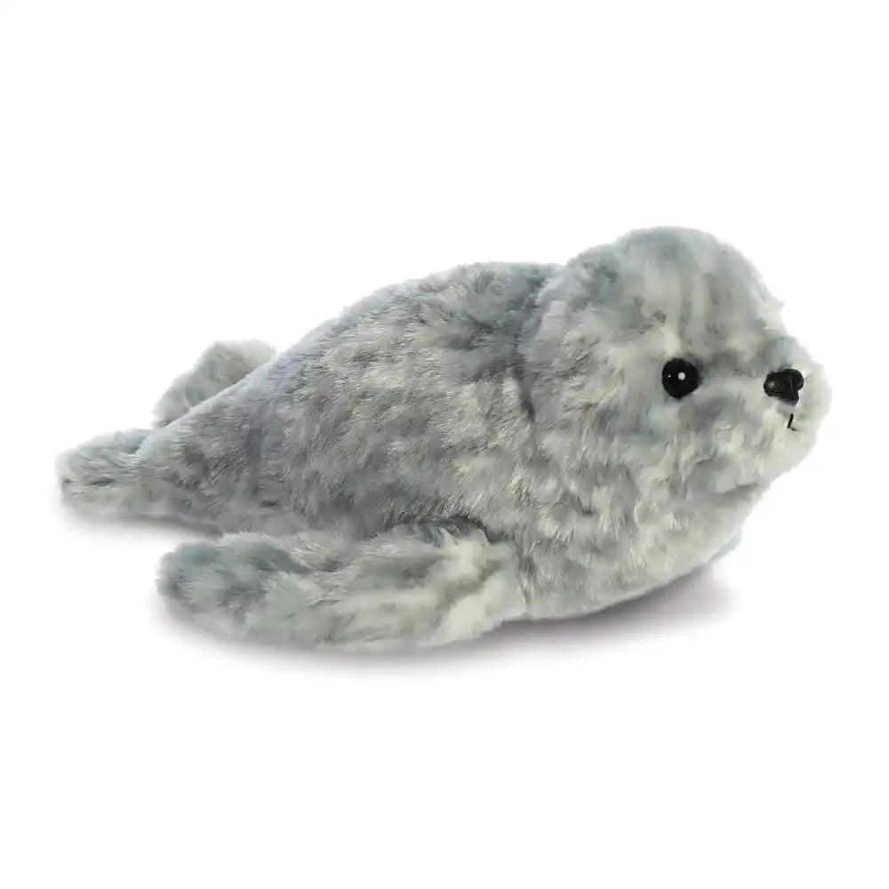 Mini Flopsies harbour seal plush toy front view, soft stuffed animal with grey fur and whisker detailing