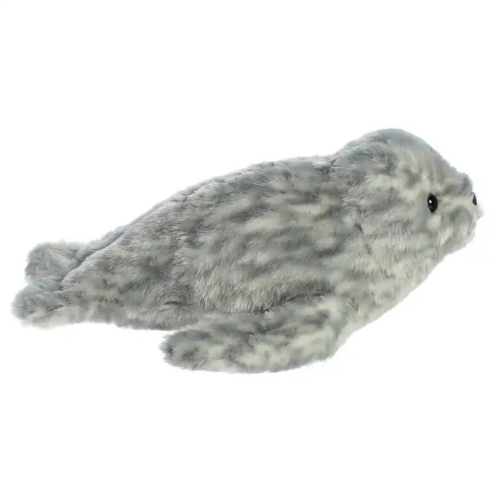 Mini Flopsies harbour seal plush toy side view, soft stuffed animal showing smooth grey fur and flipper details
