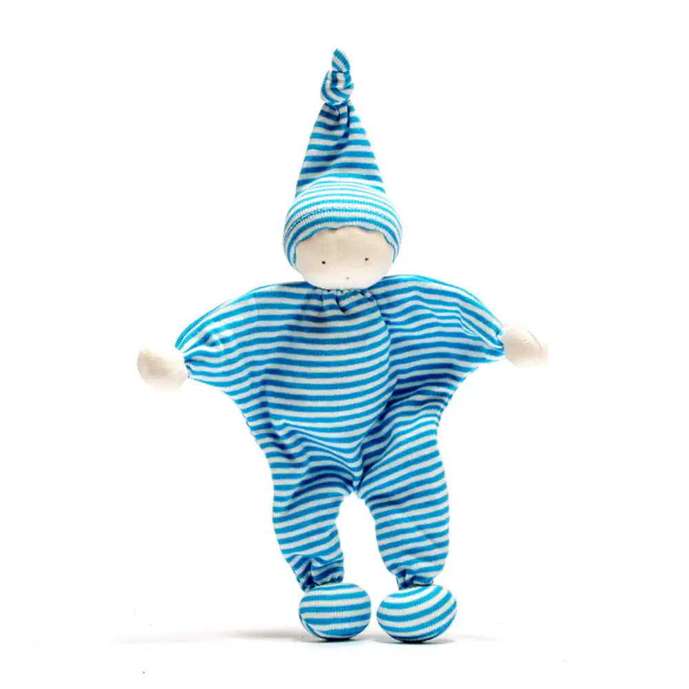 Under the Nile organic blue and white striped baby buddy with a hat on a white background