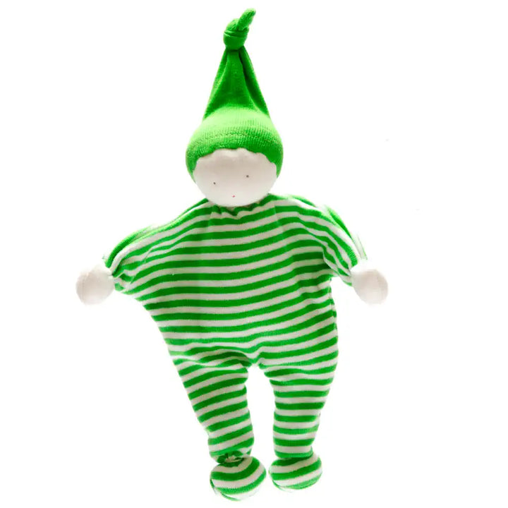 Under the Nile green and white striped baby buddy comforter with a matching hat on a white background
