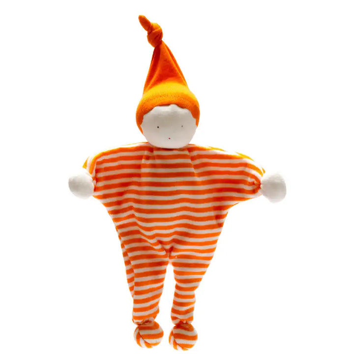 Under the Nile organic orange and white striped baby buddy and hat on a white background