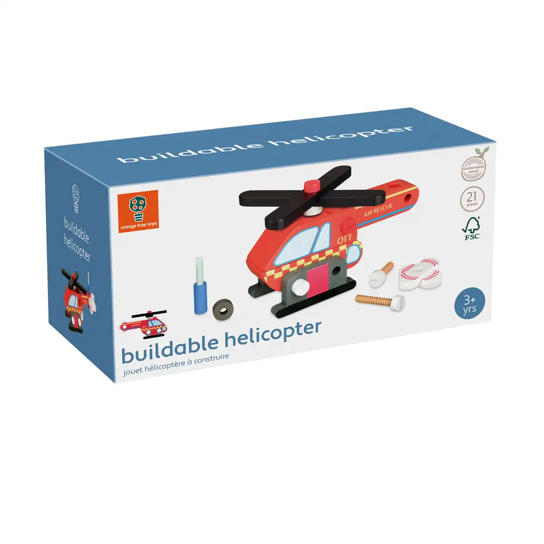 Box of the Orange Tree Toys buildable helicopter toy set on a white background