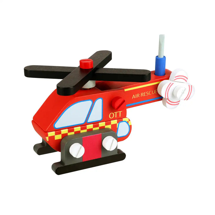 Orange Tree Toys buildable toy helicopter with red and black colours on a white background