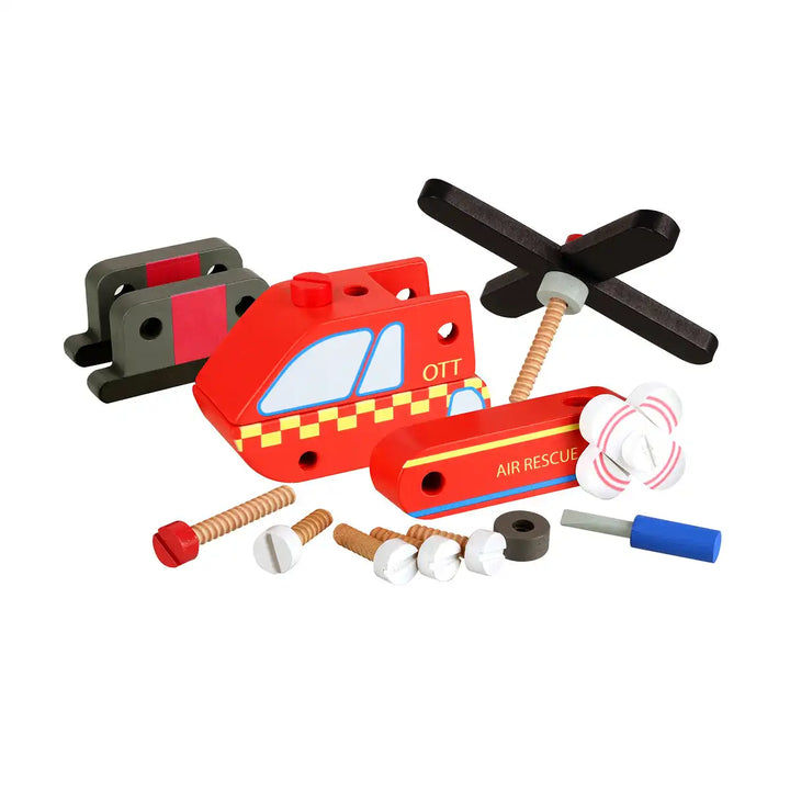 Orange Tree Toys buildable toy helicopter vehicle parts on a white background