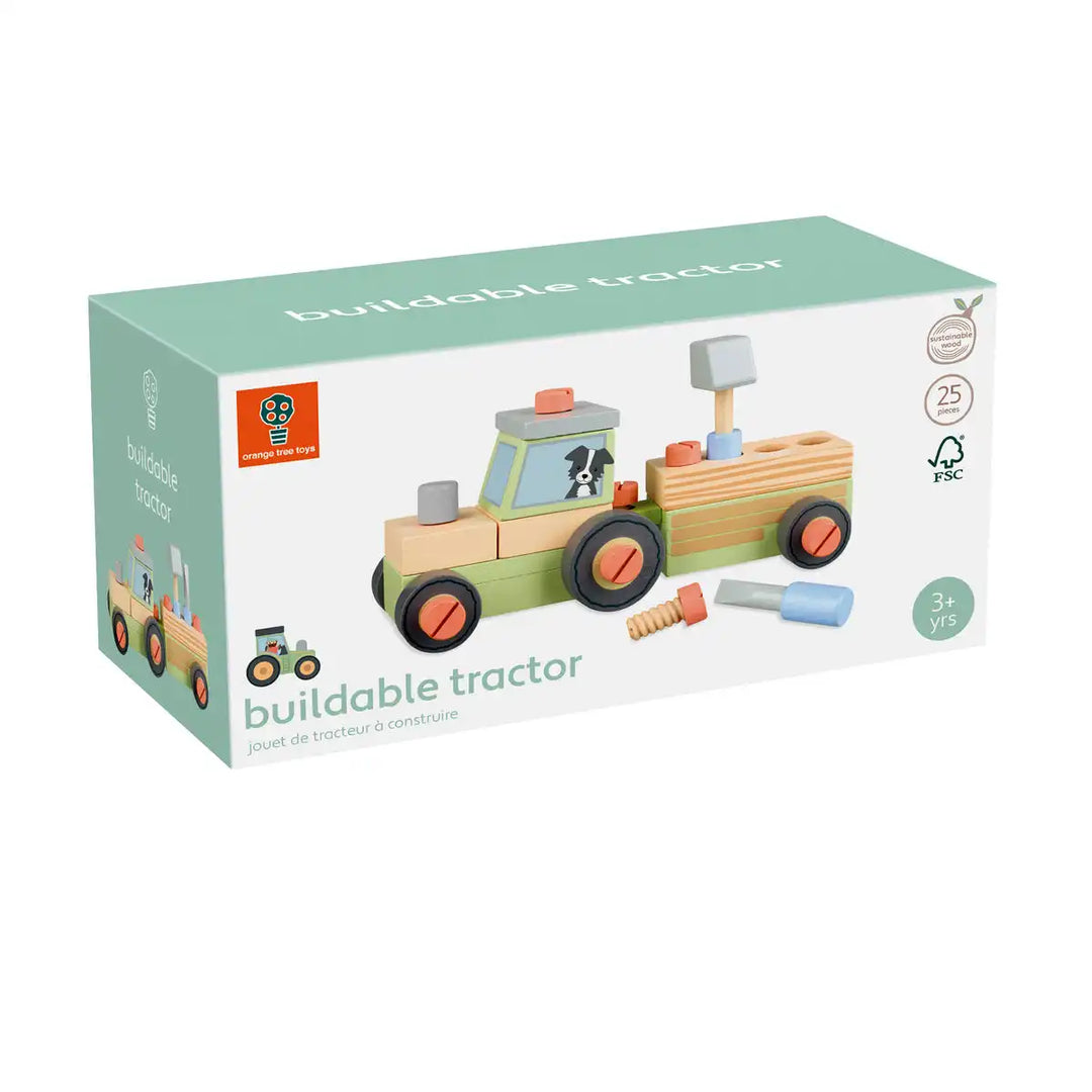 Box packaging of an Orange Tree Toys buildable tractor toy set on a white background